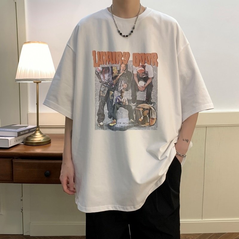 T6236P25夏2023落肩款宽松棉T男士T恤港风印花纯棉短T黑色,男装T恤,星座510A-6