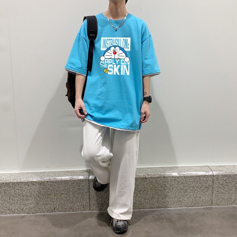 T3485P25卡通印花宽松T恤港风落肩纯棉男T短袖潮圆领T恤春夏图片