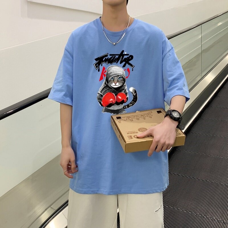 T3478P25新2022男宽松圆领T恤短袖字母卡通印花T恤港风落肩纯棉T,男装T恤,星座510A-6