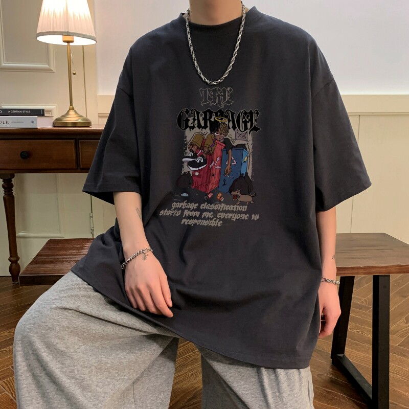 T6471P25夏2023落肩款宽松棉T男士T恤港风印花纯棉短T,男装T恤,星座510A-6