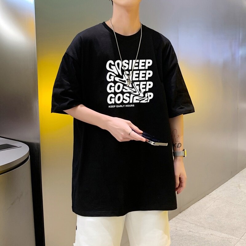 T3341P25春夏新款2022男宽松T恤港风落肩纯棉男T短袖潮趣印花T恤,男装T恤,星座510A-6