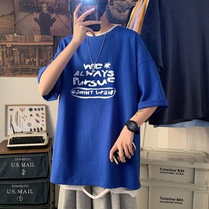 T3350仓库正常配送春夏新款2022男宽松T恤港风落肩纯棉男T短袖图片
