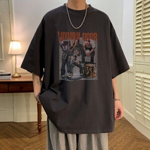 T6236P25 夏2023落肩款宽松棉T男士T恤港风印花纯棉短T黑色图片