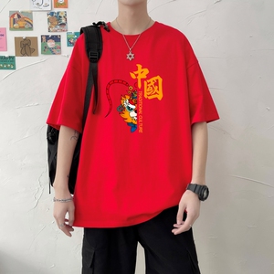 T3255P25春夏新款2022男士宽松T恤港风落肩纯棉男T短袖T恤加大男T图片
