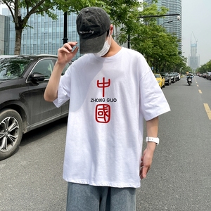 D2069P20港风室外纯棉男短袖T恤港风印花宽松休闲情侣装半袖T恤,野球帝背心半截袖穿搭图片