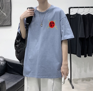 D2126P18 港风室内纯棉男短袖港风净版小标印花宽松休闲情侣装T恤图片