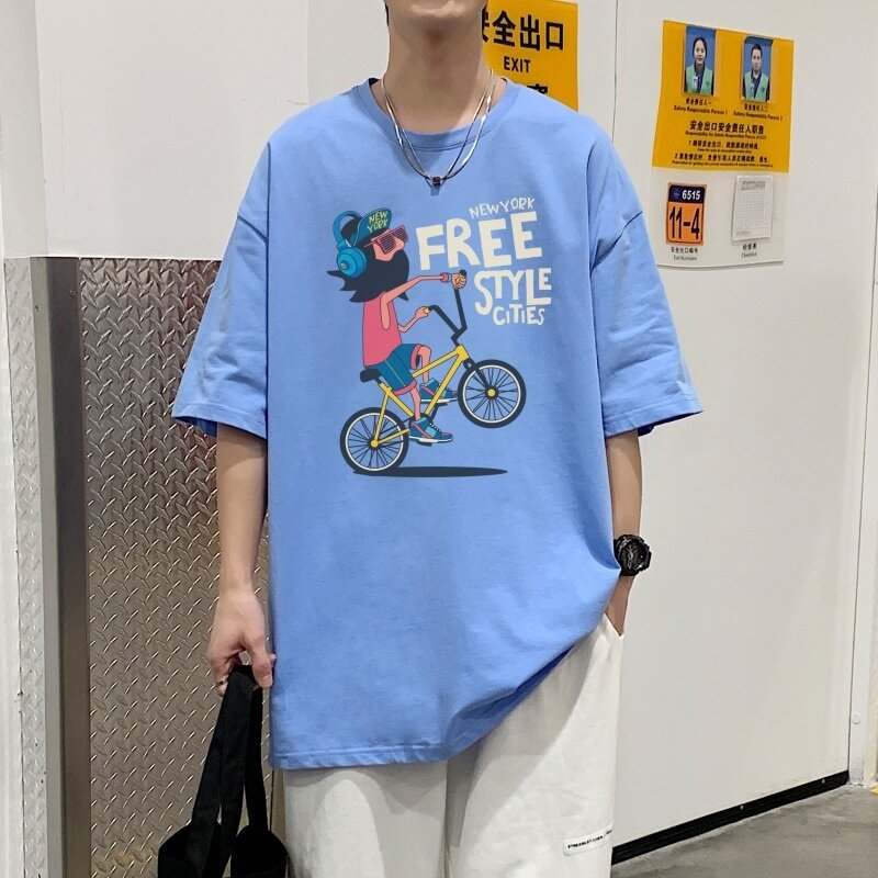 T3904P28袖字母卡通印花T恤新2022男宽松圆领T恤港风落肩纯棉T短,男装T恤,星座510A-6