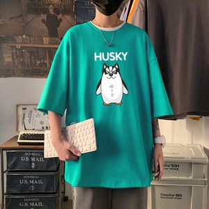 T3424P25落肩纯棉男T短袖潮趣印花T恤春夏新款2022男宽松T恤港风图片