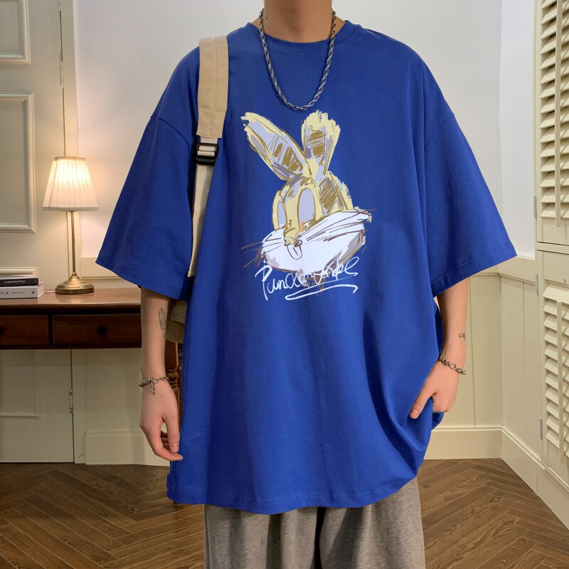 T6294P25 夏2023落肩款宽松棉T男士T恤港风印花纯棉短T图片
