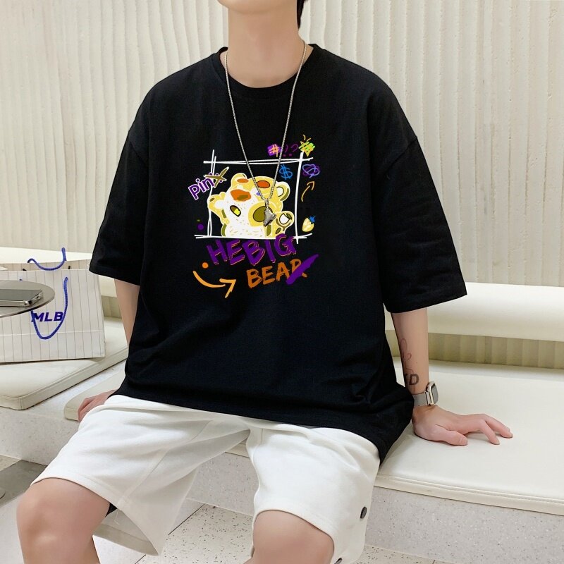 T3482P25港风落肩纯棉男T短袖印花T恤春夏新款卡通印花宽松T恤,男装T恤,星座510A-6