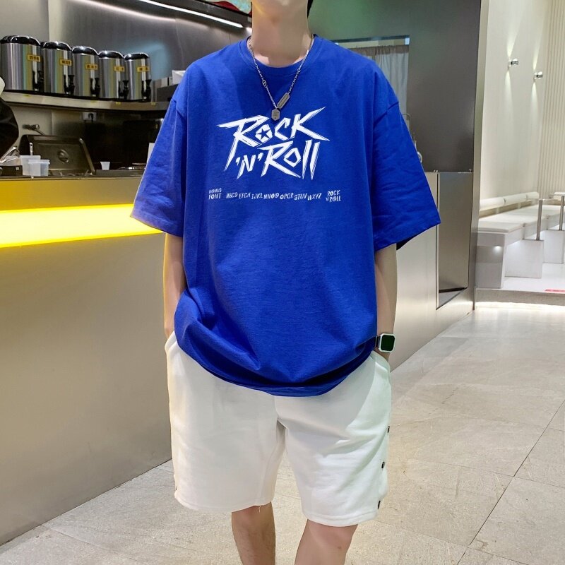 T3481P25新短袖字母卡通印花T恤2022男宽松圆领T恤港风落肩纯棉T,男装T恤,星座510A-6