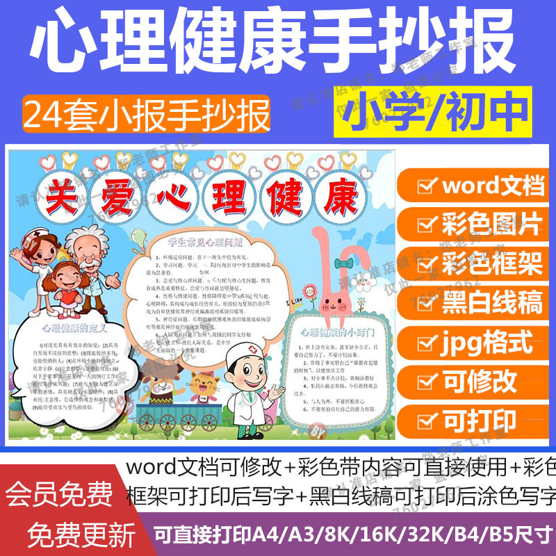 关爱学生心理健康小报模板线稿预防心理疾病手抄报模版