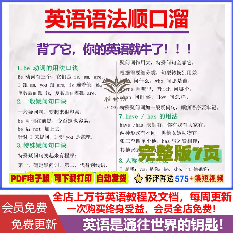 英语语法顺口溜 语法总结节约时间 培养自己的概括思维能力 减少死记硬背高清电子版可打印7页小初高成人都适用