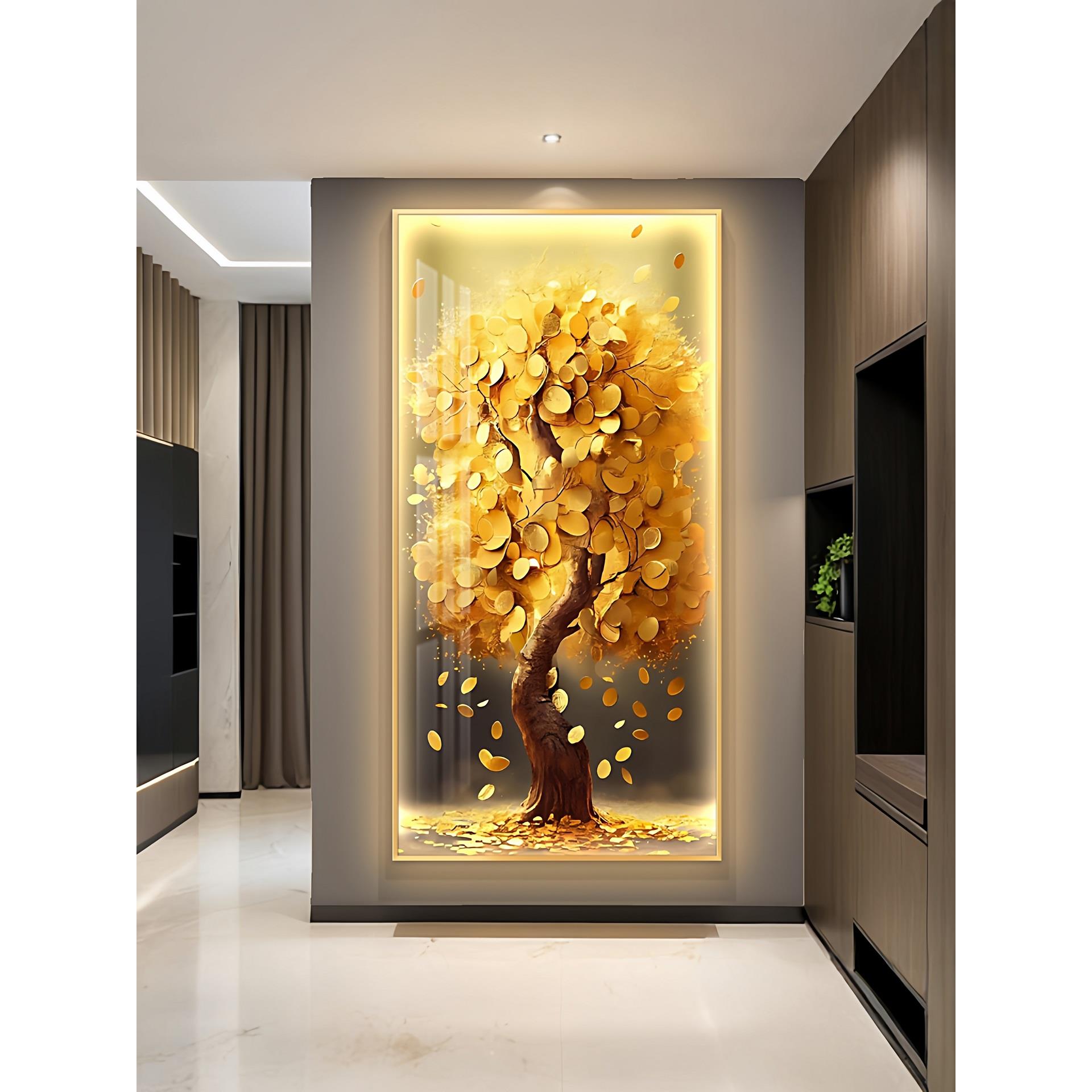 摇钱树led带灯轻奢入户玄关装饰画走廊过道竖版挂画简约现代壁画图片