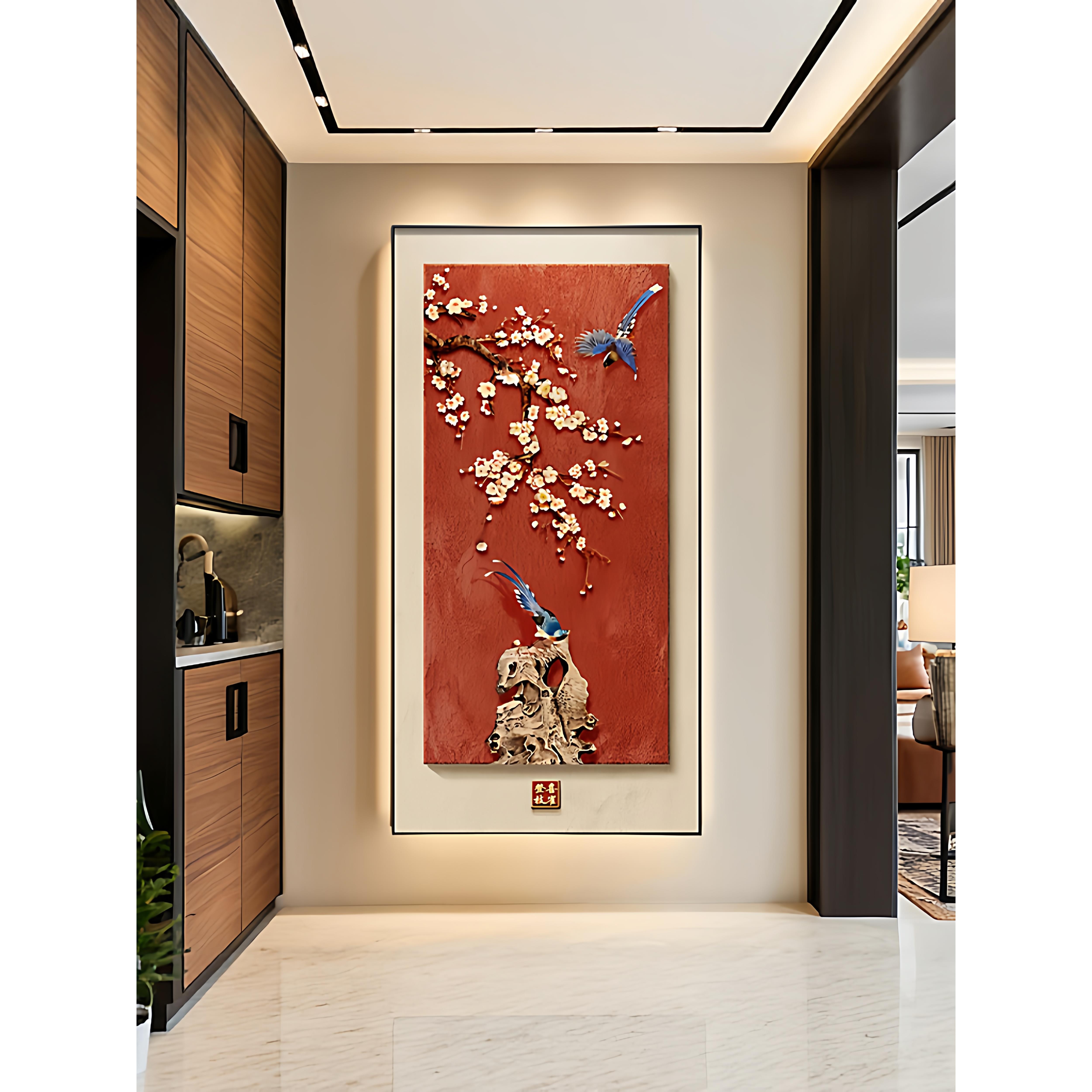 喜上枝头玄关装饰画新中式花鸟过道走廊挂画寓意好入户正对门壁画