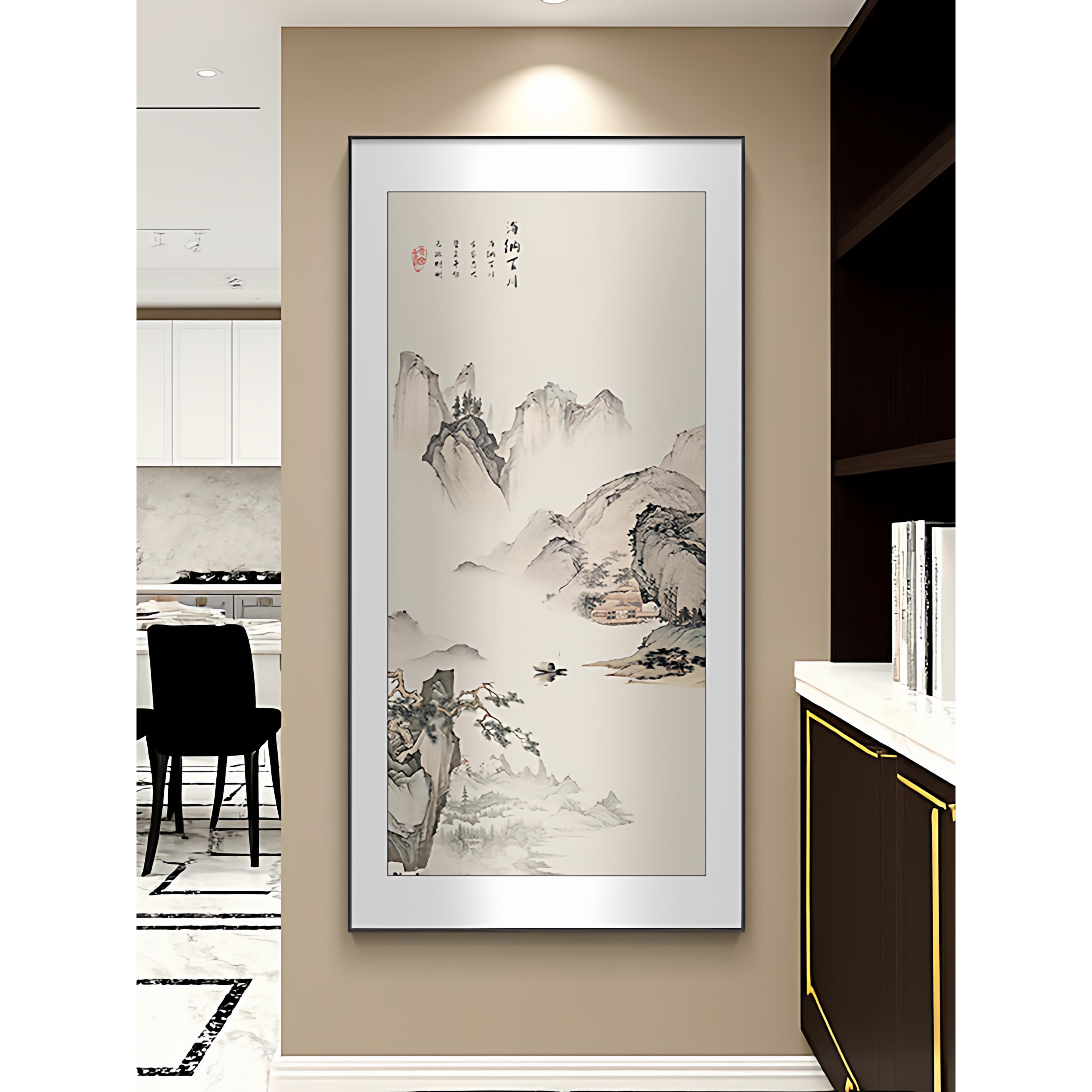 迎客松玄关装饰画新中式入户走廊过道挂画竖版茶室壁画山水画国画