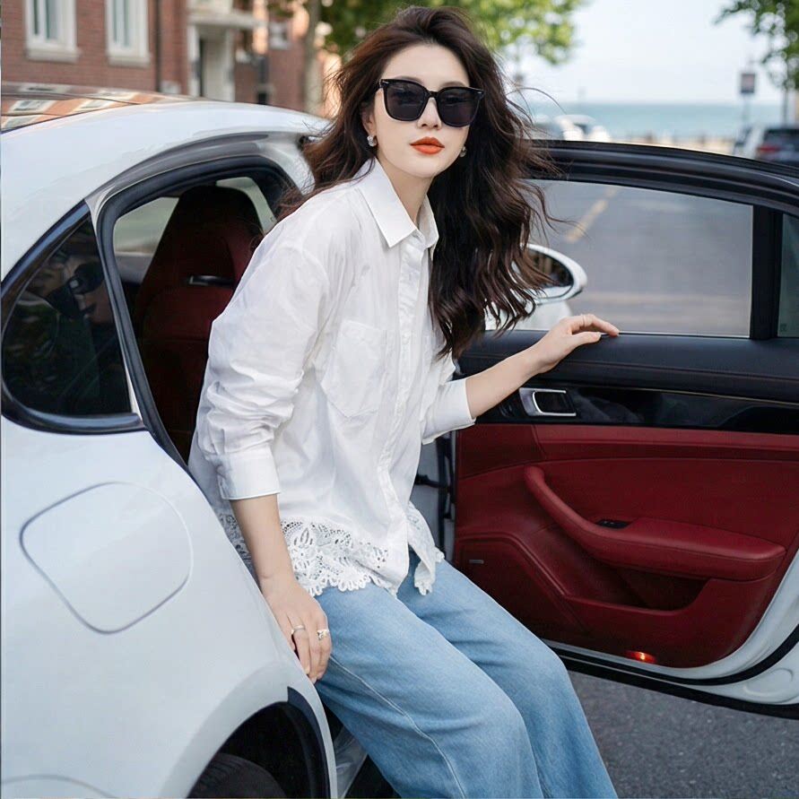 白色蕾丝拼接长袖衬衫女士春季款大码胖mm高级感宽松显瘦洋气上衣