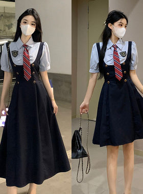 大码胖mm假两件连衣裙女夏季新款学院风短袖收腰显瘦气质a字裙子
