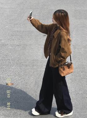 韩系覆古麂皮绒外套女秋季2025新款美式宽松休闲翻领气质夹克上衣