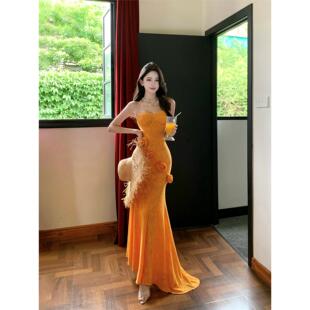 法式绝美氛围感橙色花朵抹胸连衣裙女性感修身海边度假晚礼服长裙