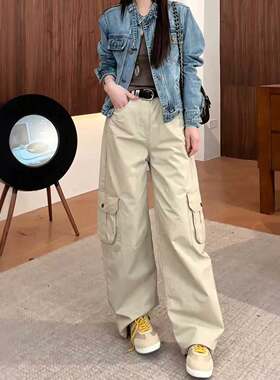 卡其色工装风阔腿裤女夏季新款大码宽松多口袋弯刀裤直筒休闲裤