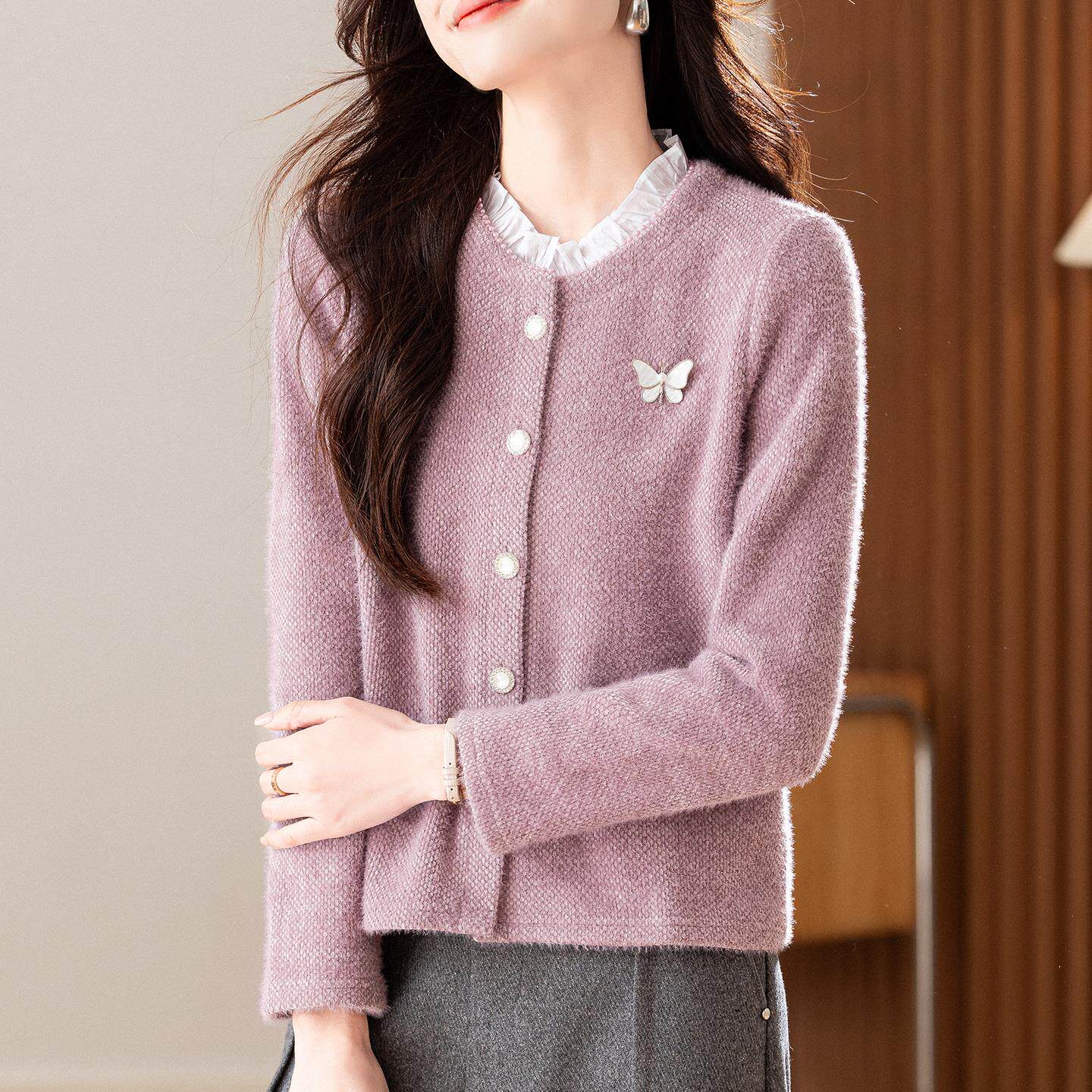 JOYIASS时尚小香风紫色短外套女士秋冬轻奢高级感气质休闲小个子