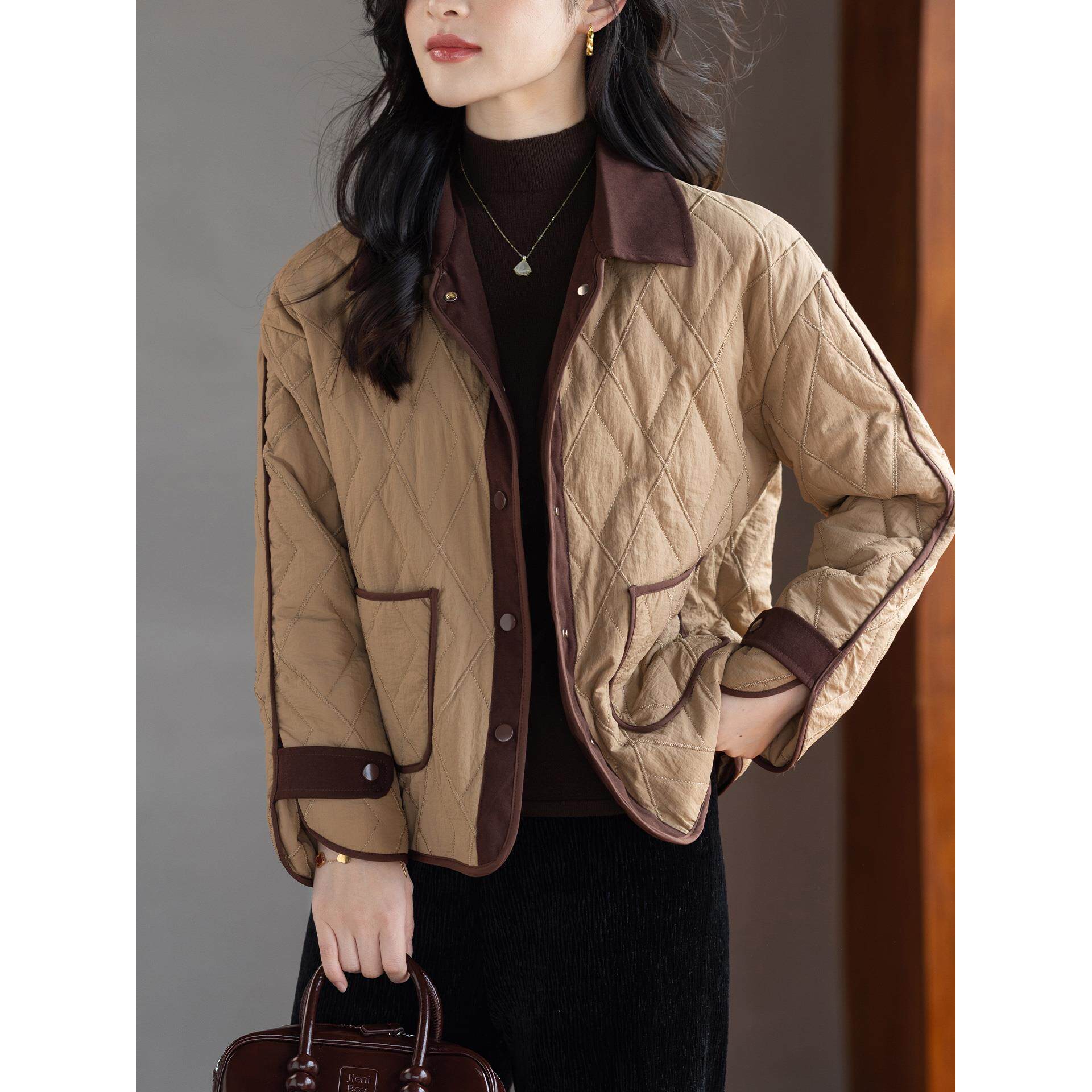 JOYIASS覆古时尚撞色拼接衣短外套女士秋冬高级感轻薄夹保暖服上