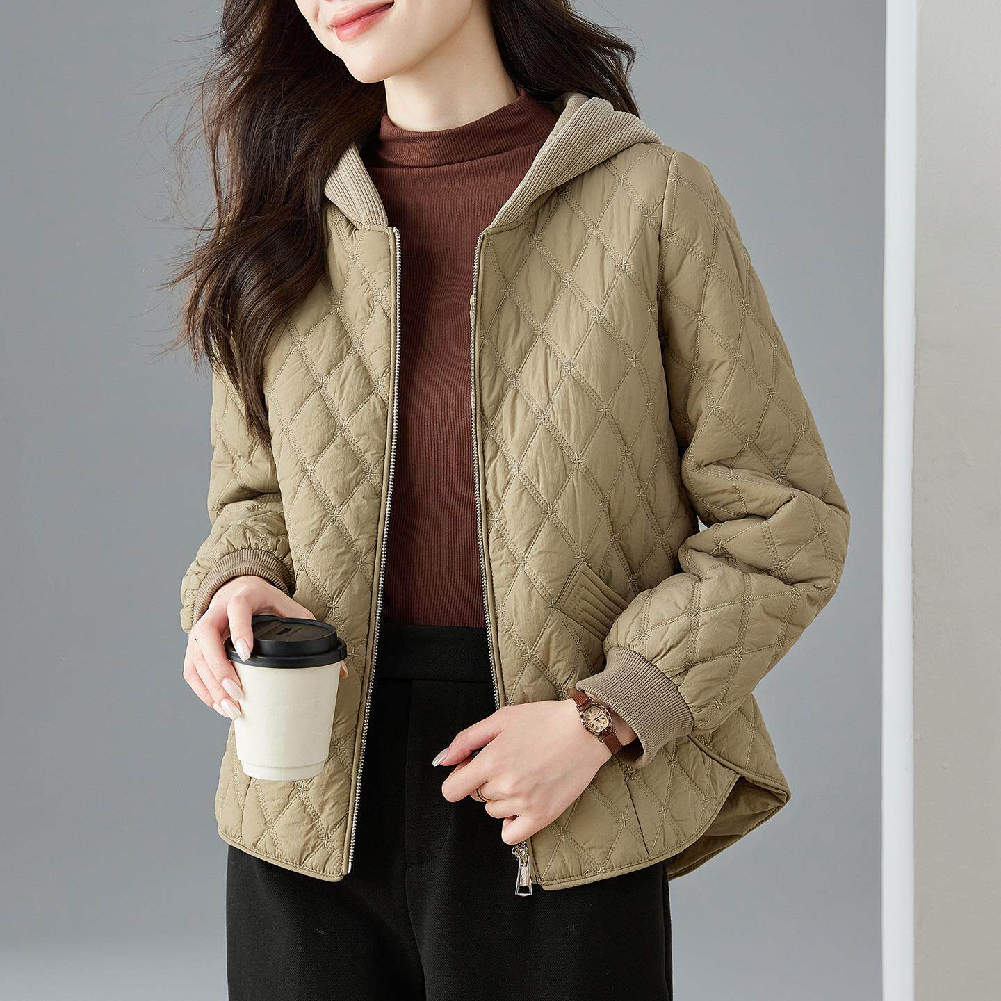 JOYIASS时尚休闲菱格服短外套女士秋冬夹加厚保暖小袄连帽衣