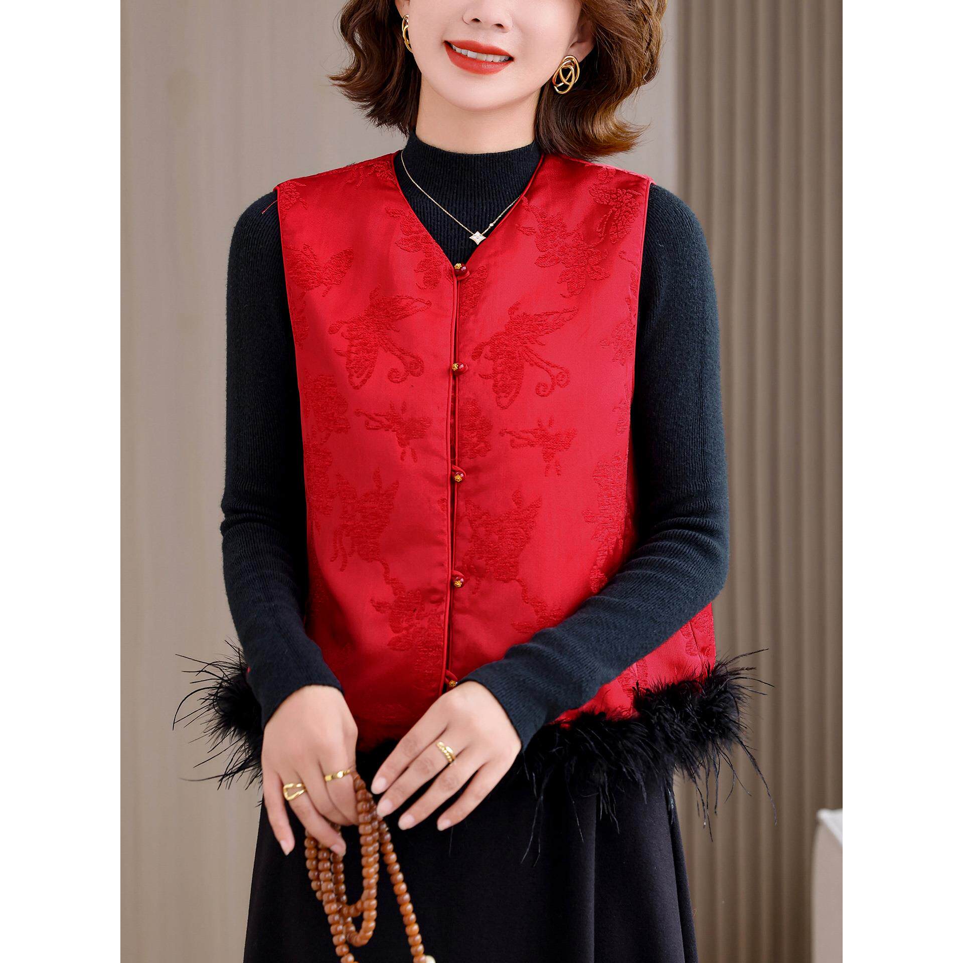 JOYIASS红色提花夹马甲背心女士秋冬加厚保暖坎肩马夹无袖洋气毛