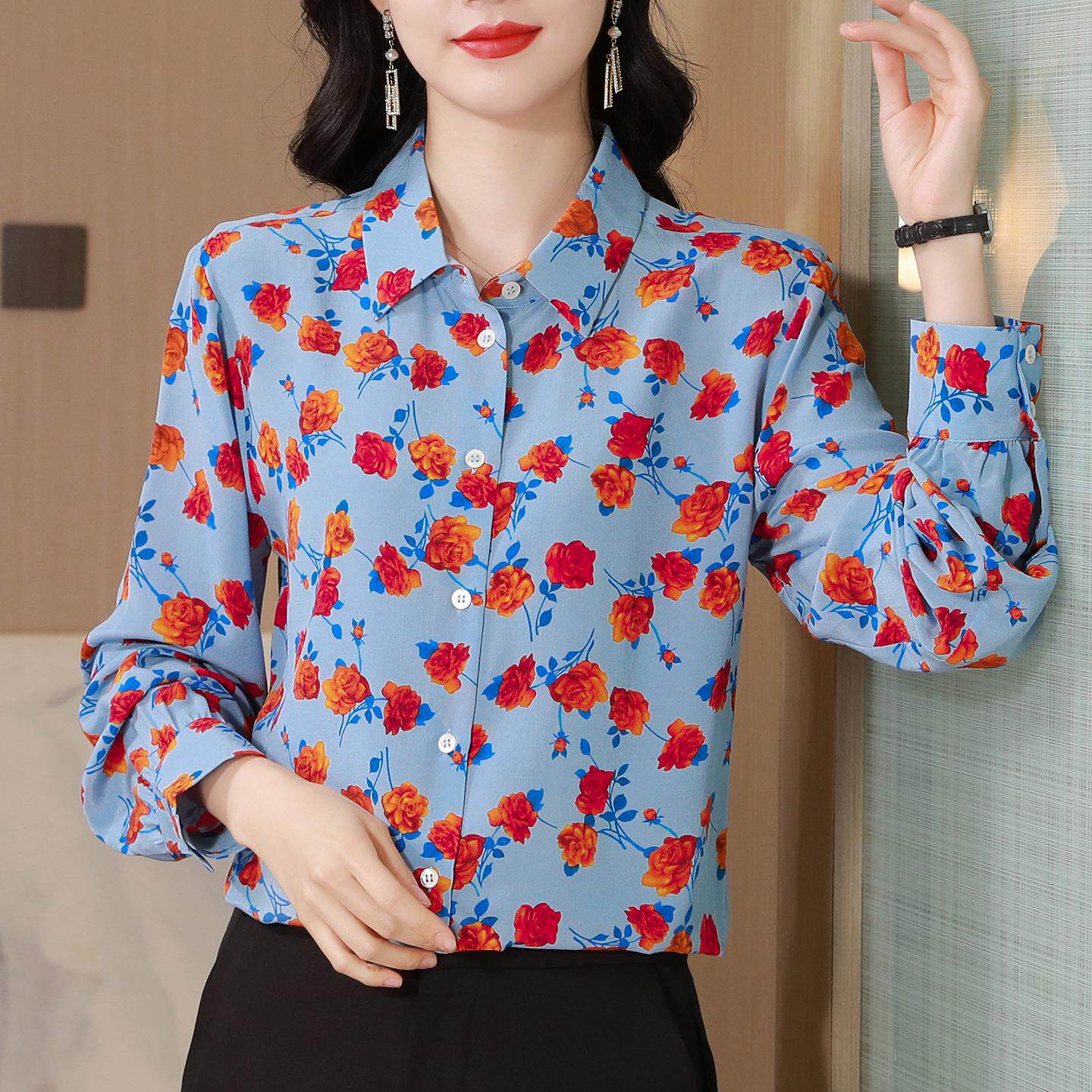 JOYIASS法式时尚碎花长袖衬衫女士秋装优雅气质休闲衬衣减龄洋气