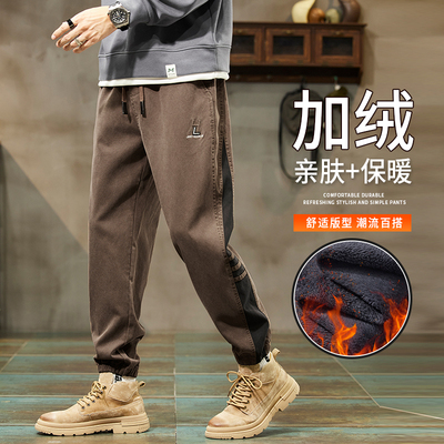 加绒舒适百搭休闲裤微弹宽松秋季厚款松紧腰棕色潮流保暖青年裤子