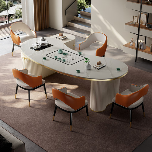 岩板茶桌椅组合一桌五椅现代轻奢高级感茶几办公一体茶台茶具套组