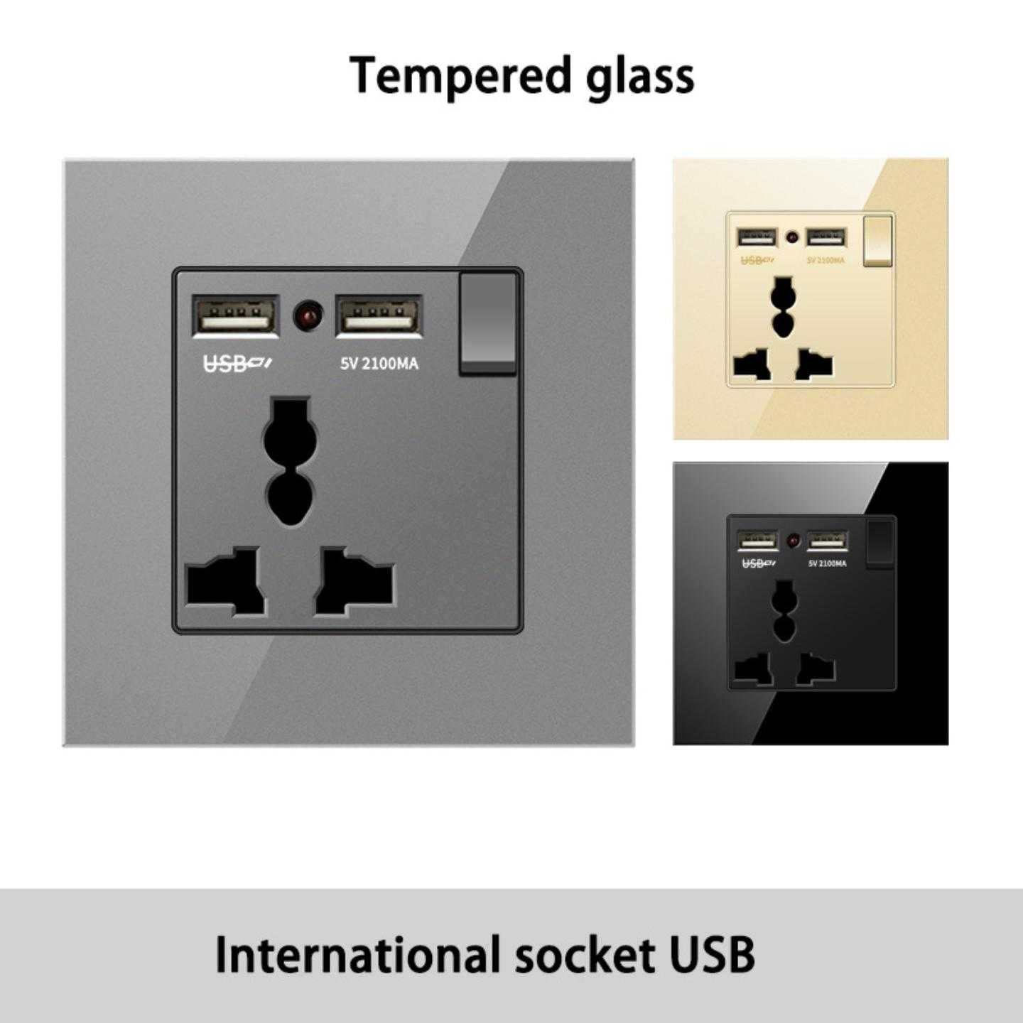 86型港澳国际英式三孔双USB钢化玻璃充电插蘇用墙壁英规面板