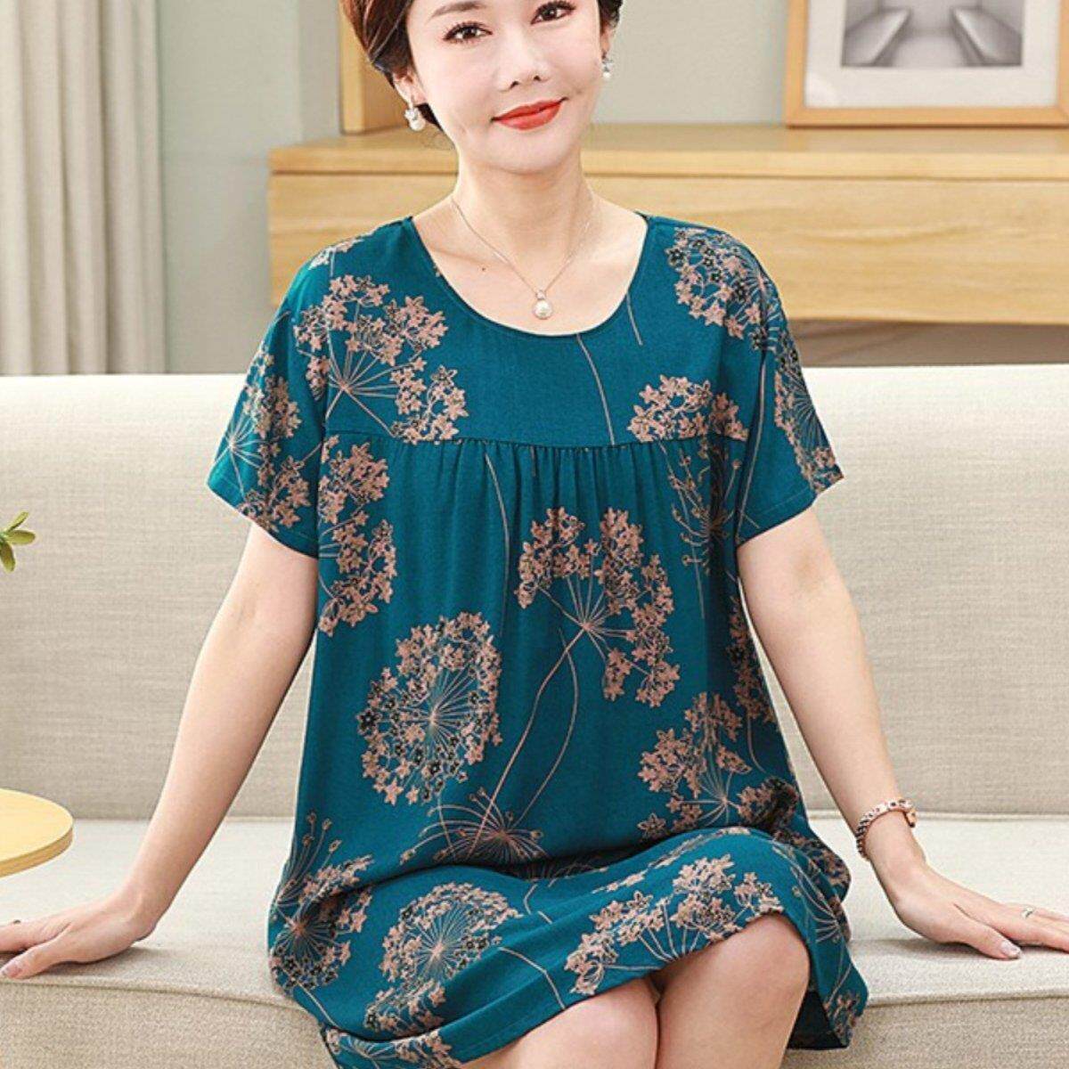 中老年睡衣女棉绸妈妈睡裙女夏绵绸大尺码家居服薄款宽松洋装