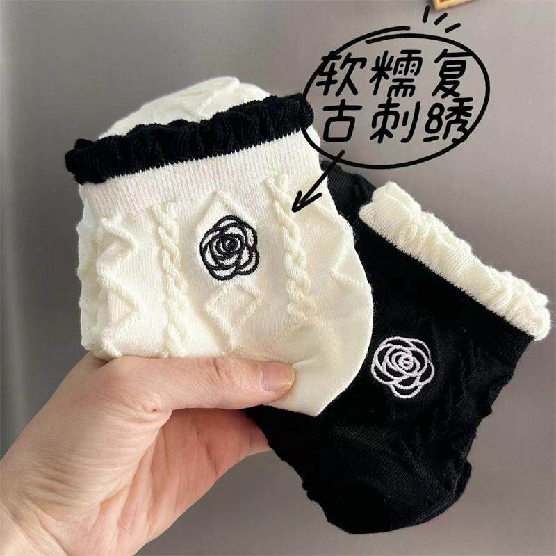袜子女TMWd0689士春夏季绣薄款爱动心防臭汗运学院风百搭吸刺黑色