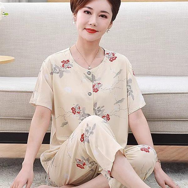 中老年棉绸睡衣女士短袖夏天居家开衫休闲外穿妈妈家居服套装