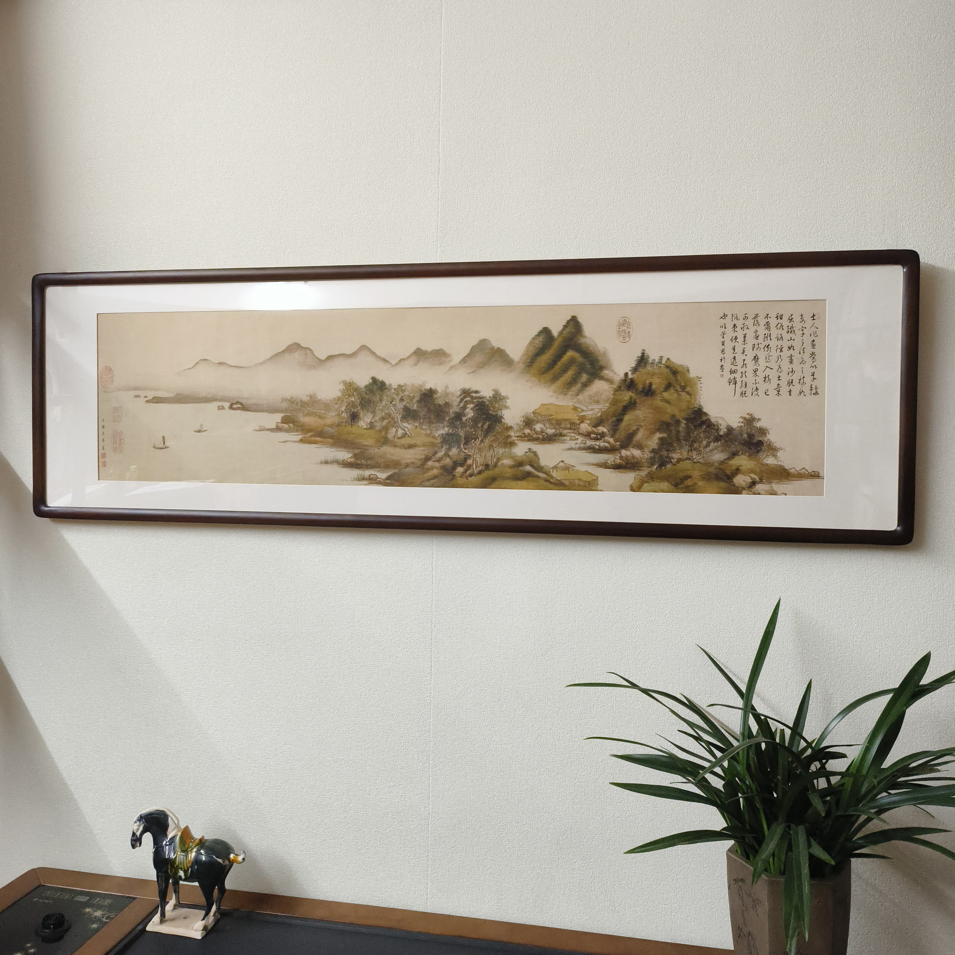 国画山水画烟树山亭图横版挂画新中式客厅背景墙装饰画中古风壁画