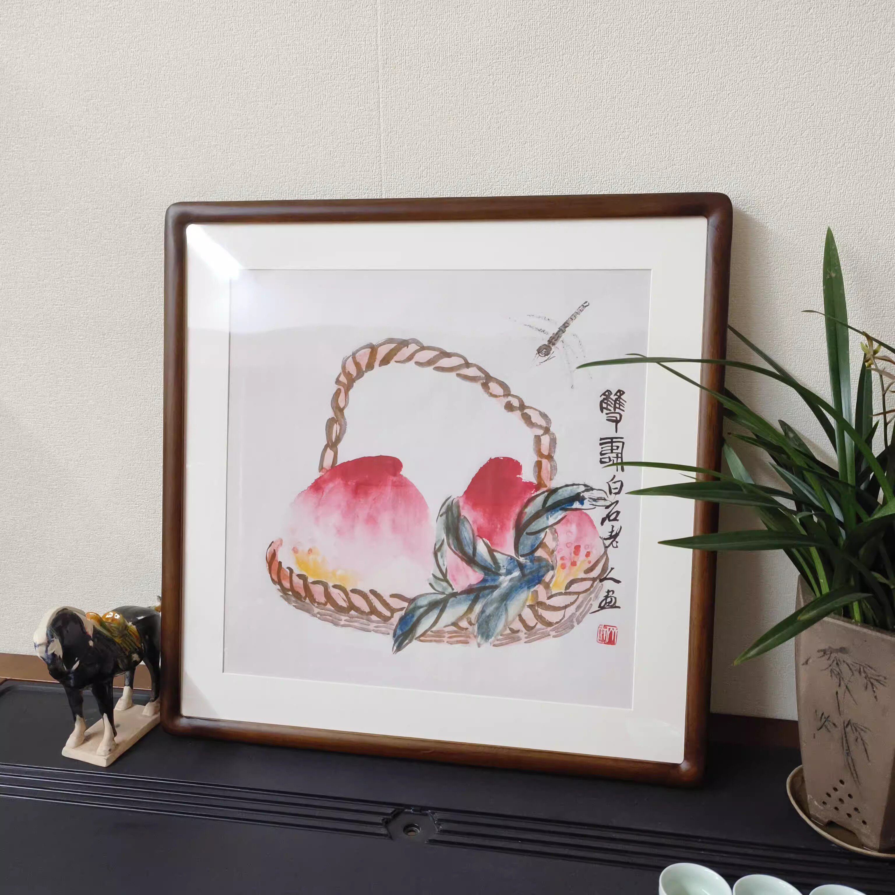 寿桃柿子挂画齐白石国画斗方形字画新中式装饰画客厅玄关餐厅壁画