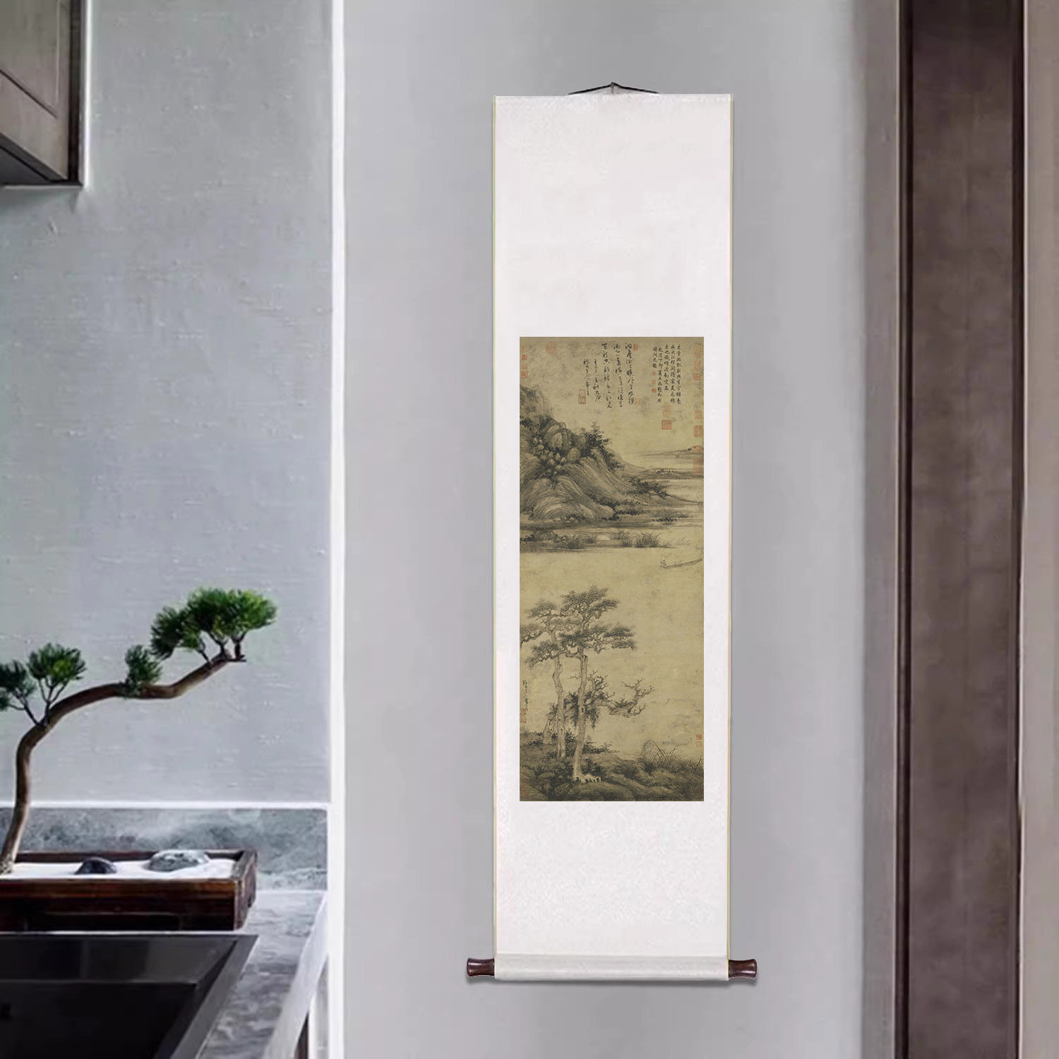 元吴镇洞庭渔隐图竖版山水卷轴挂画新中式客厅装饰画茶室复古壁画