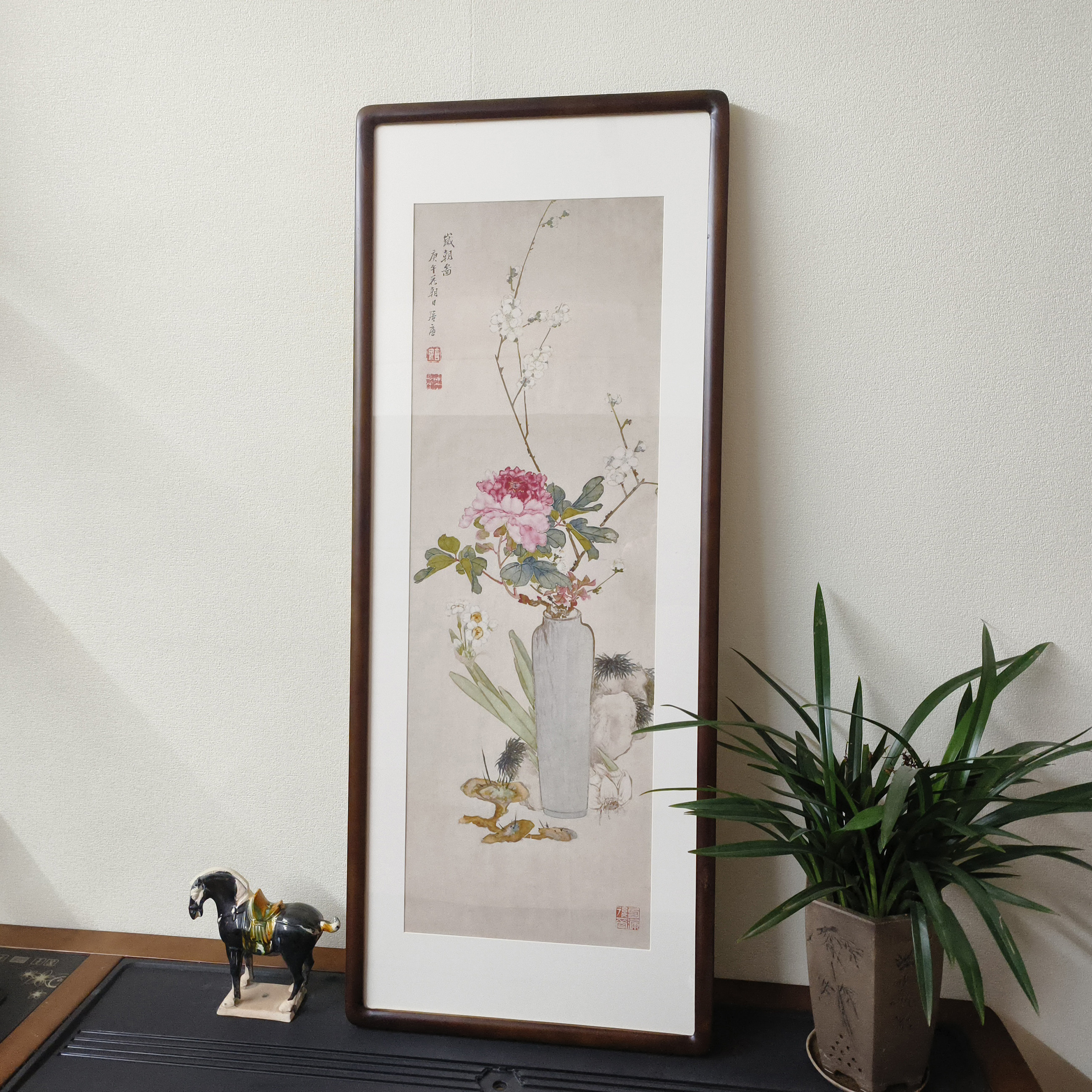 平安如意图居廉国画岁朝图新中式客厅装饰画餐厅过道复古花瓶挂画