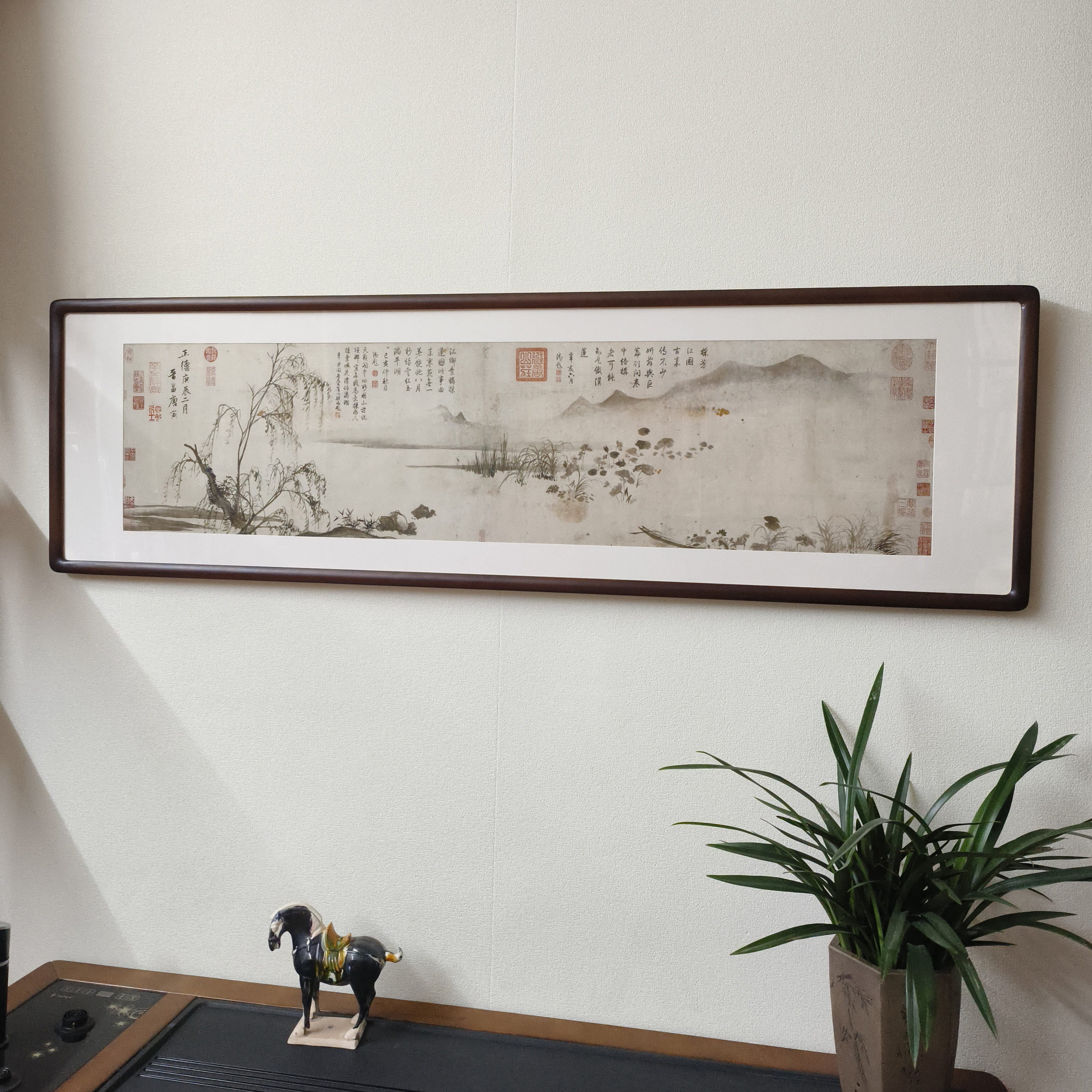 唐伯虎山水画客厅沙发背景墙装饰画书房茶室中古风挂画唐寅采莲图