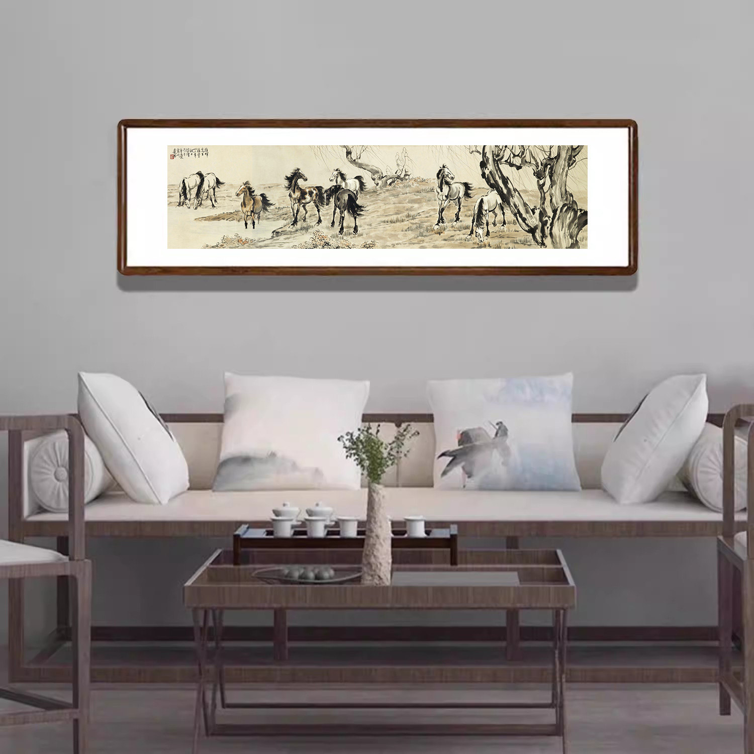 马图挂画徐悲鸿八骏图名人字画带框客厅沙发背景墙装饰画书房壁画
