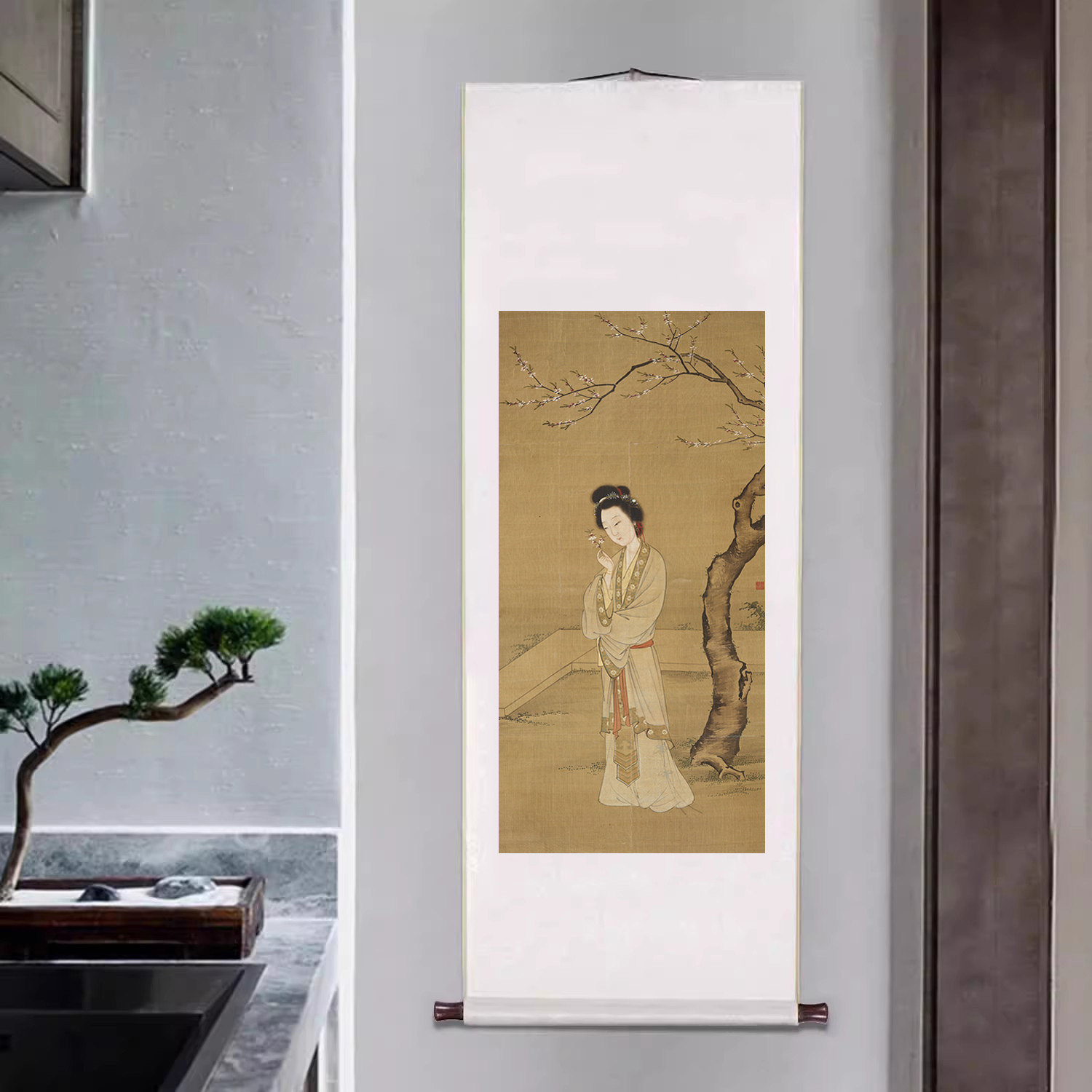 工笔仕女图卷轴挂画张纪人面桃花图古代名画新中式客厅书房装饰画