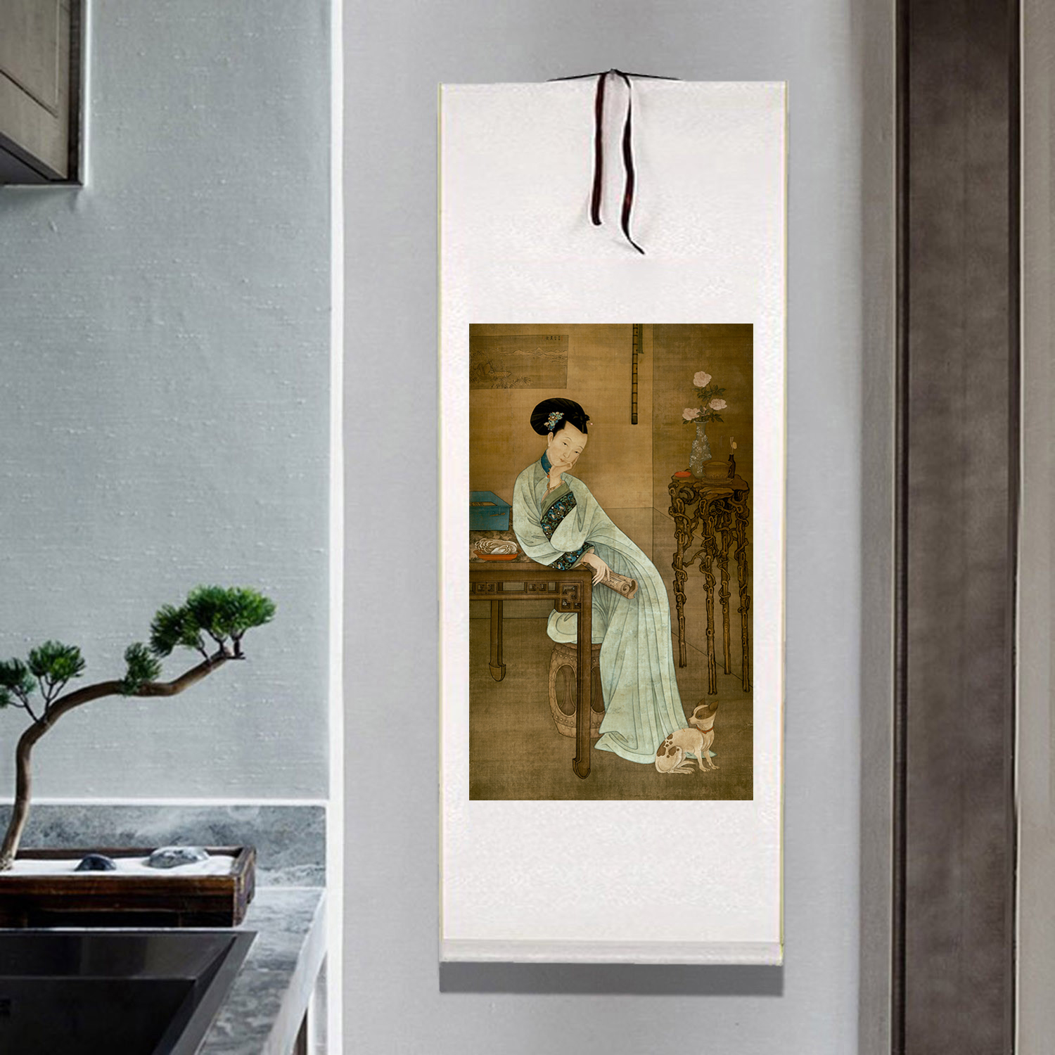 古代仕女卷轴挂画冷枚春闺倦读图中式客厅复古装饰画书房茶室壁画