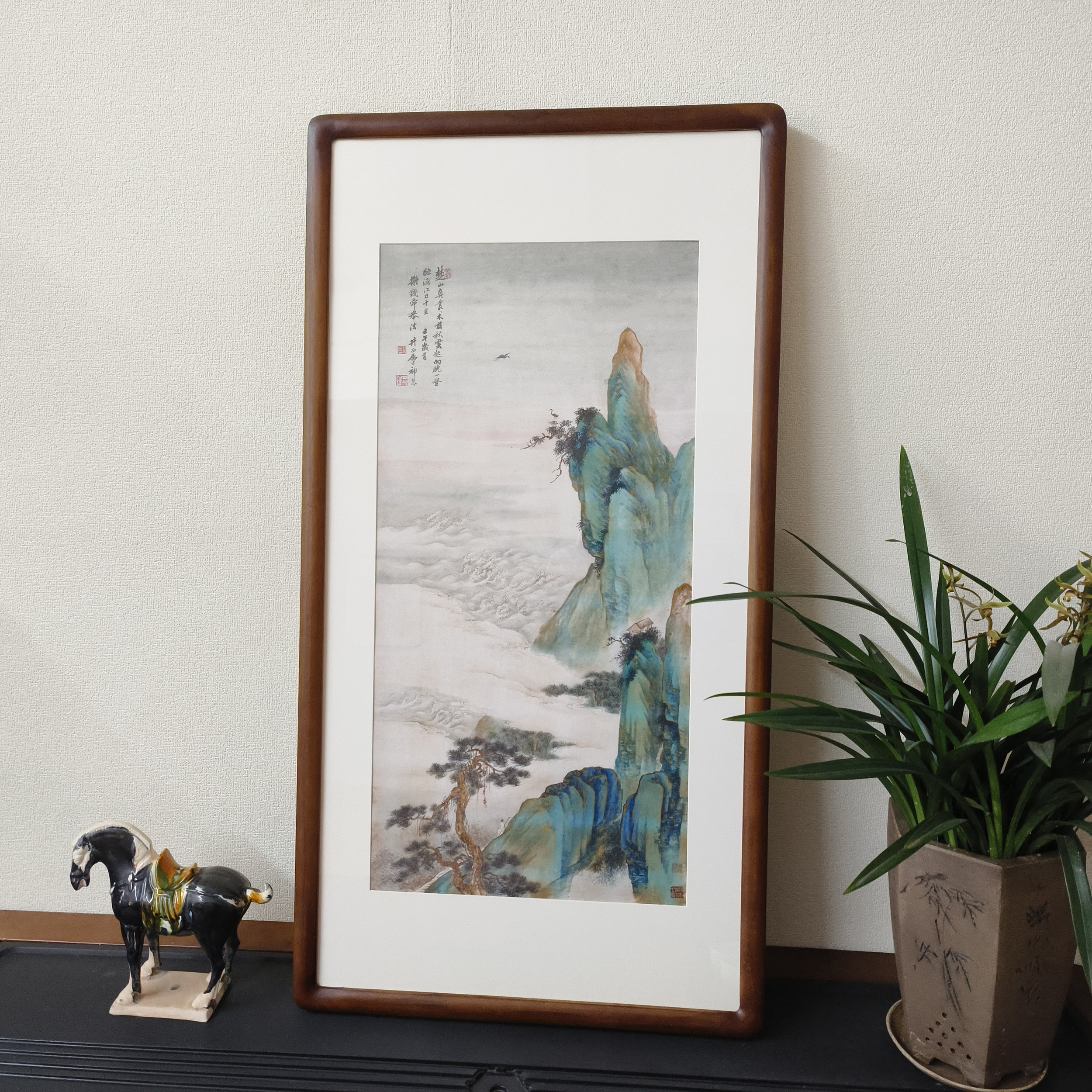 名人字画祁昆金碧青绿山水挂画新中式竖版装饰画客厅茶室玄关壁画