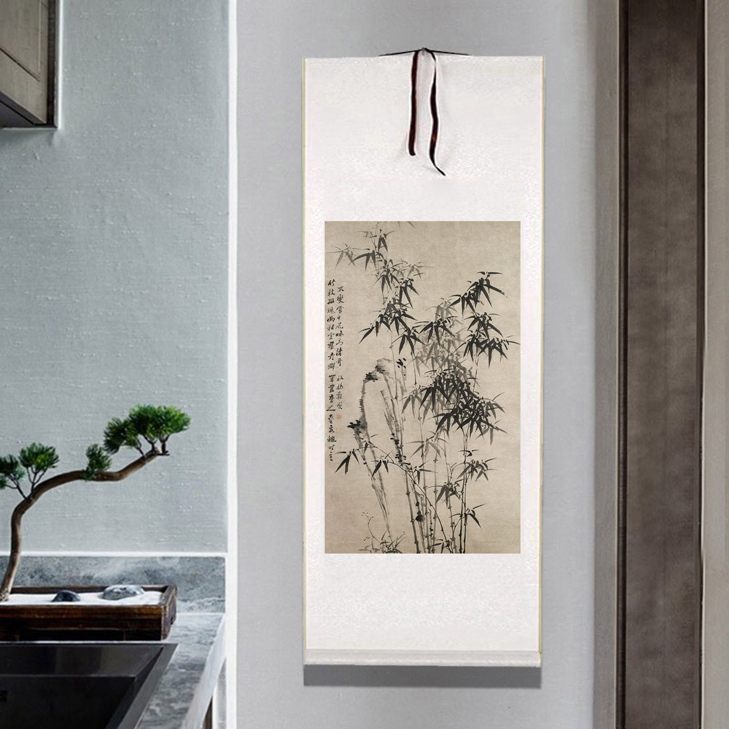 竹子图卷轴挂画郑板桥竹石图中式客厅玄关装饰画书房茶室仿古壁画