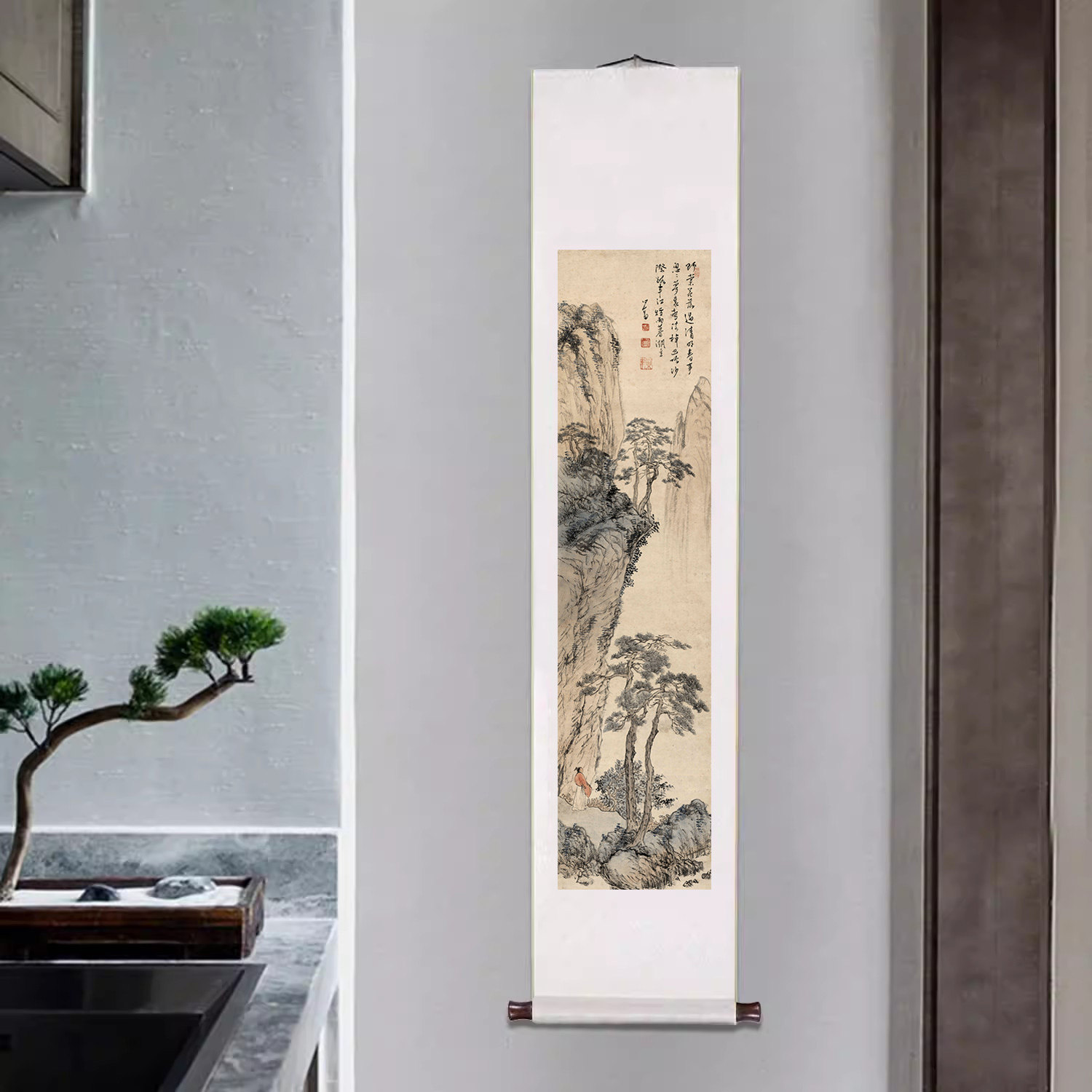 近现代名家山水卷轴挂画溥儒野棠花落诗意图新中式客厅书房装饰画