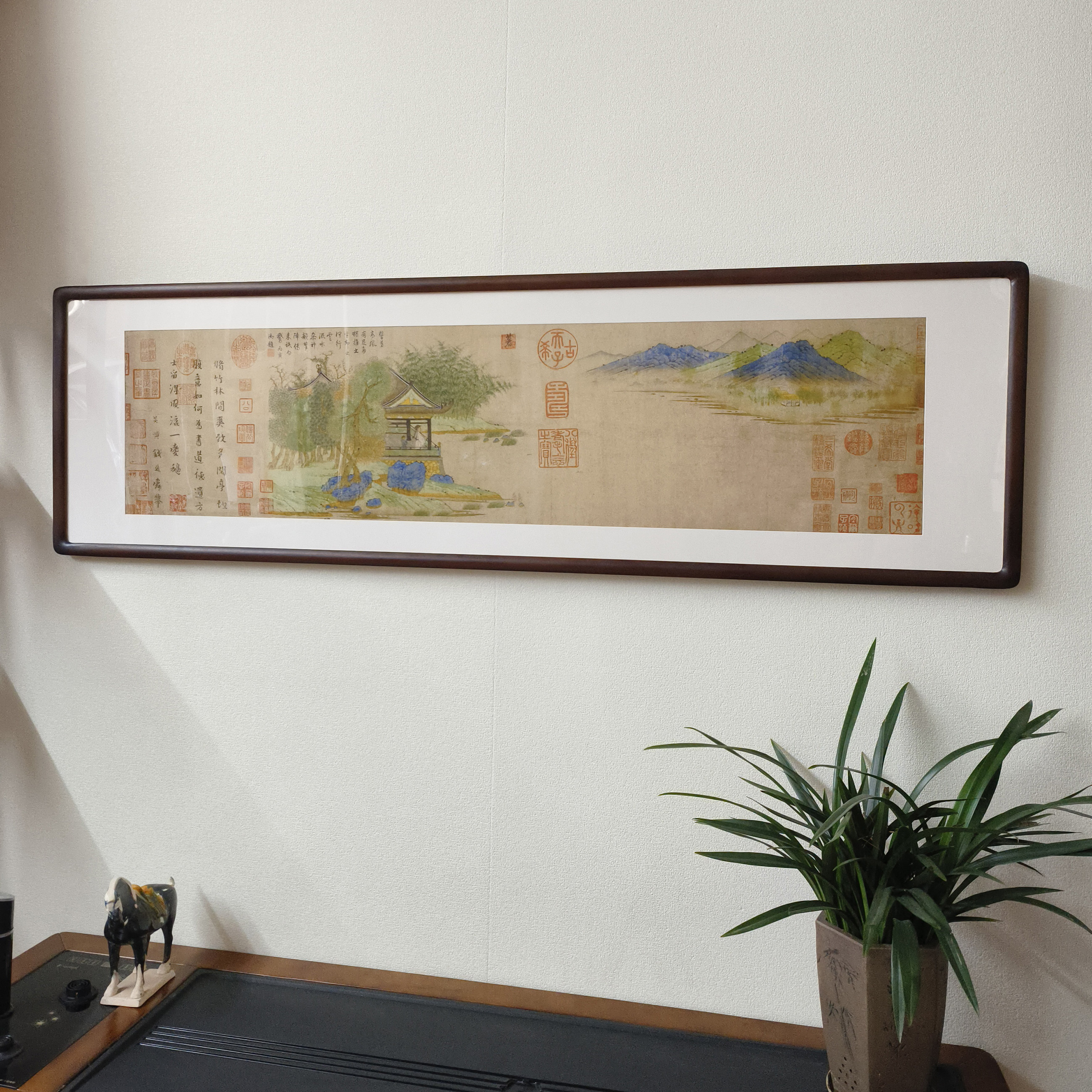 王羲之观鹅图横版青绿山水画新中式客厅装饰画书房茶室中古风挂画