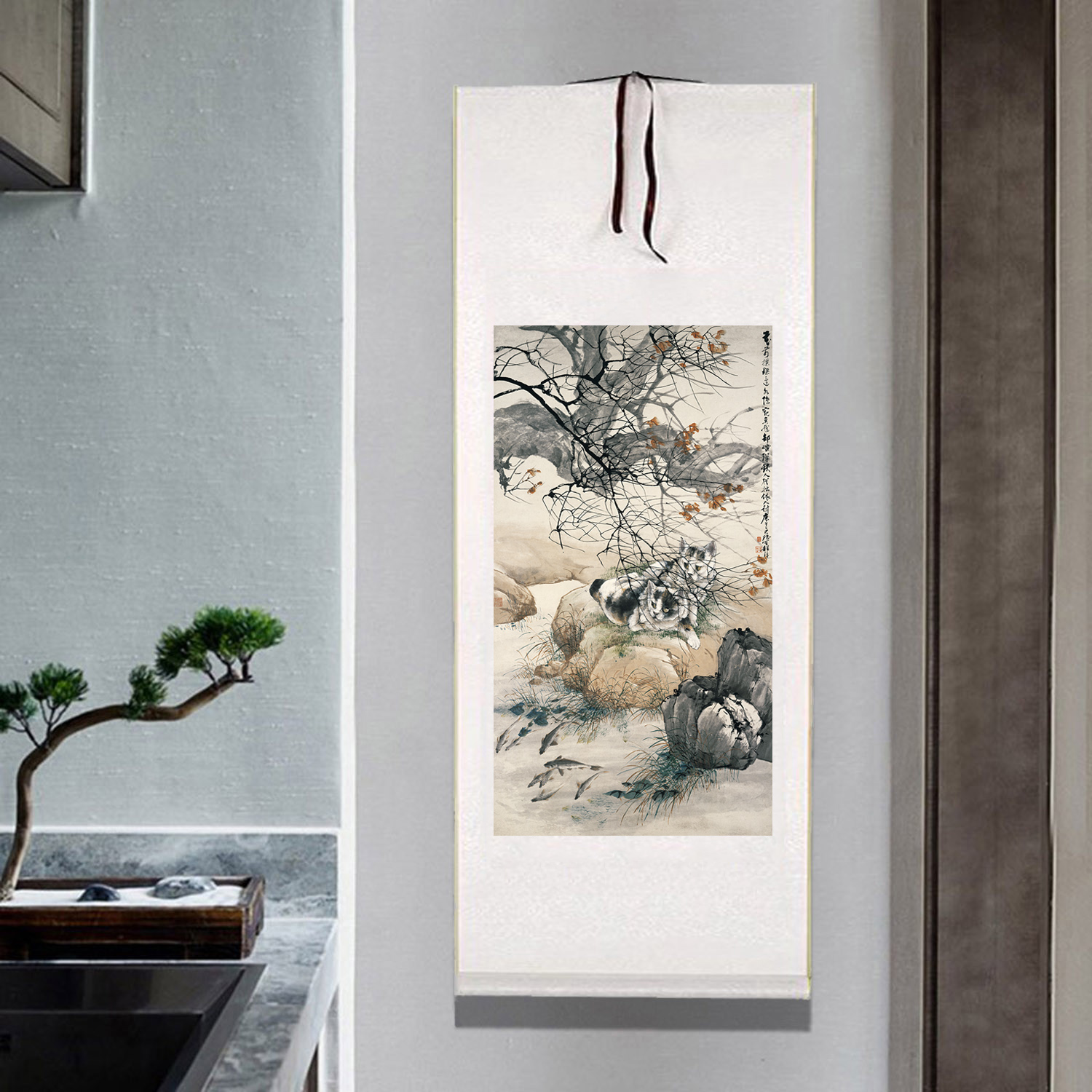 清程璋双猫窥鱼图卷轴字画古代名画客厅玄关装饰画儿童房卧室挂画图片