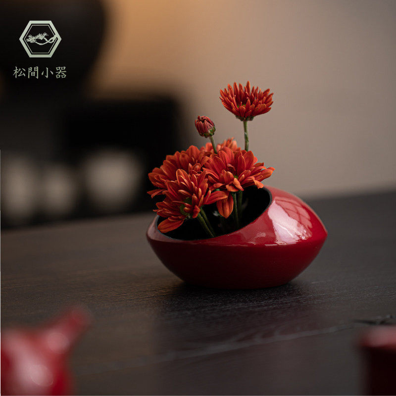 中式复古陶瓷花瓶摆件中国红中式家用客厅花插装饰品茶道本质花器